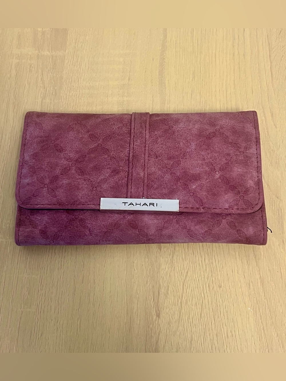 Tahari Rose-Mauve Foldover Clutch with Silver Logo Plate